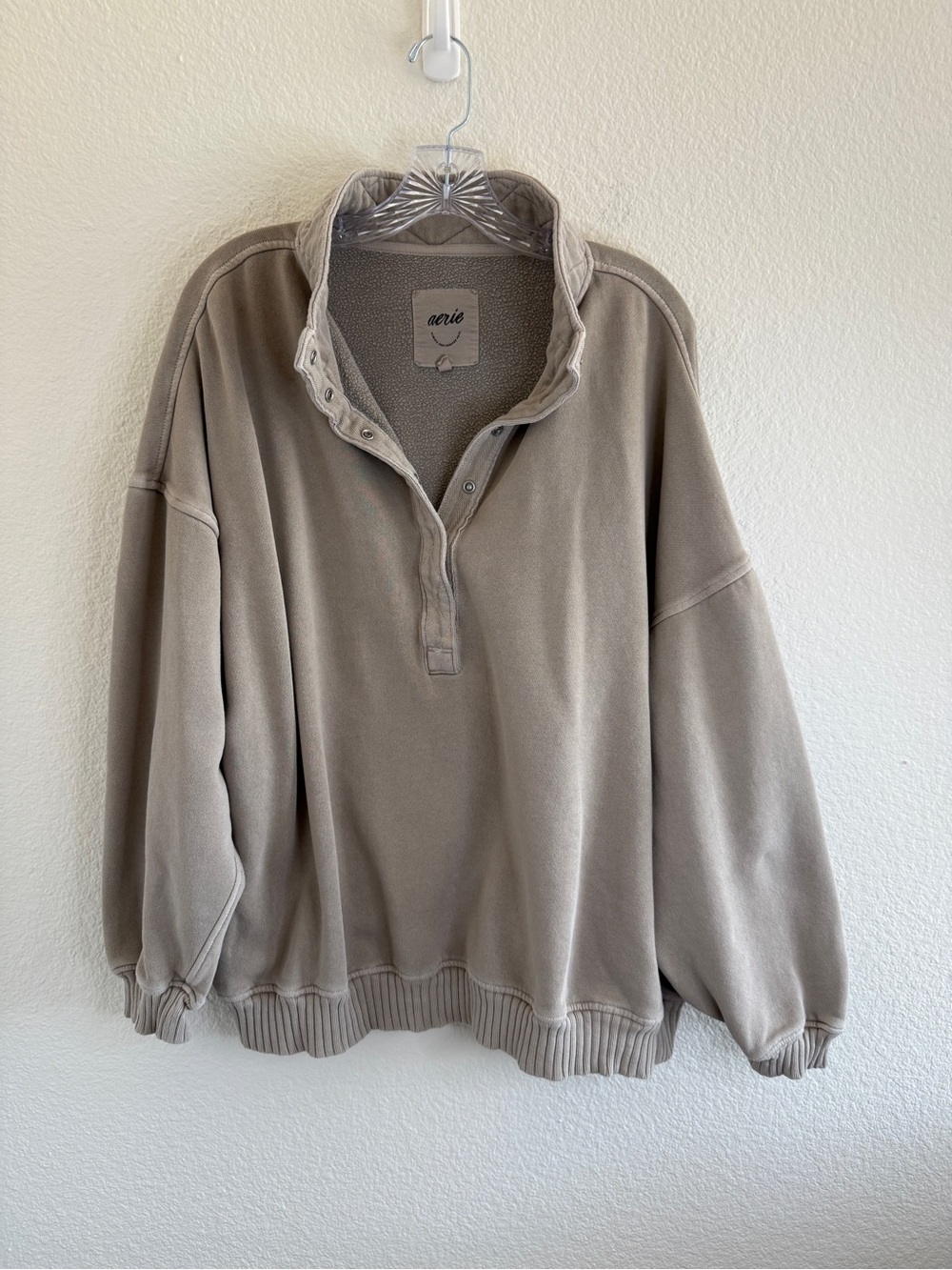 aerie oh snap Sweatshirt in Taupe with a Quilted Collar, Snap Henley Funnel Neck - Picture 1 of 12